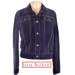 NWT Isaac Mizrahi Blue Suede Jean-Style Jacket, Contrast Topstitch Sz 8 / M, NEW